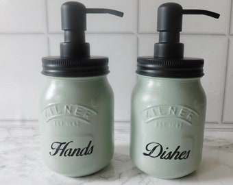 Glass Soap Dispensers in Sage Green and Black, Kitchen Accessories, Kilner Jars