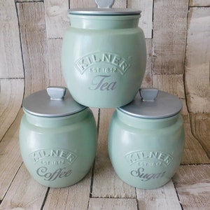 Sage Green Silver Kitchen Canisters, Tea Coffee Sugar Jars, Cookie Jar, Biscuit Barrel, Utensil Jar, Green Silver Lids, Kilner Retro Jar