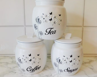 Dandelion Wishes Kitchen Canisters, Tea Coffee Sugar Jars, Cookie Jar, Biscuit Barrel, Utensil Jar, White Lids, Kilner Retro Jar