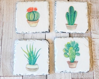 Cacti Cactus Succulent Slate Coasters: Rustic Home Decor, Gift for Home