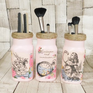 Alice In Wonderland Makeup Brush Holders,  set of 3 Decorative Pink Glass Jars, Storage Jars, White Rabbit, kilner jars, mason jars, Pen pot