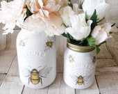 Honey Bees Painted Kilner Jar, Jar Vase, Table Centrepiece, Gift, Wedding, 1 litre or 500 ml kilner jar, bumble bee, honey bee
