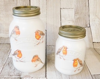 Robin Painted Kilner Jar, Jar Vase, Table Centrepiece, Gift, Wedding, 1 litre or 500 ml kilner jar, Robins appear when love ones are near