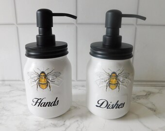 Bee Glass Soap Dispensers in White and Black, Kitchen Accessories, Kilner Jars, Honey Bee