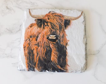 Posavasos de pizarra con diseño de vaca de las Tierras Altas: decoración rústica de granja