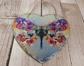 Butterfly Slate Heart Plaque: Abstract Floral Wall Art