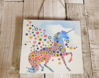 Decoupage Unicorn Wooden Plaque: Abstract Nursery Wall Decor