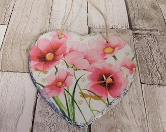 Decoupage Pink Flowers Slate Heart Plaque - Wall Decor Gift