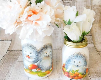 Decoupage Hedgehog Kilner Jar: Autumn Vase, Table Centerpiece