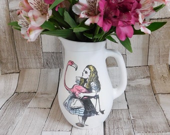 Alice In Wonderland White Jug Vase , White Glass KIlner Jug Vase,   Flower Vase, Centrepiece