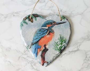 Placa de pizarra con forma de corazón de Martín Pescador: Decoración de pared con pájaros de río en decoupage