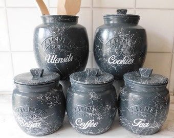 Graphite Grey Marbled Kitchen Canisters, Tea Coffee Sugar Jars, Cookie Jar, Biscuit Barrel, Utensil Jar, Kilner Retro Jar
