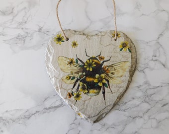 Flower Bee Slate Heart Plaque, Bee print, Wall Hanging Plaque, Slate Heart, Bumble Bee, Wall Signs, Wall Art