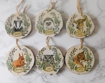Woodland Animal Christmas Ornament: Hand-Painted Log Slice Decoration