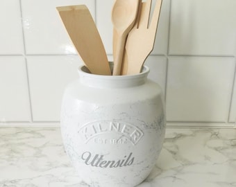 Tarro para utensilios blanco de mármol plateado, tarro kilner de 2 litros, soporte para utensilios blanco y plateado, decoración de cocina