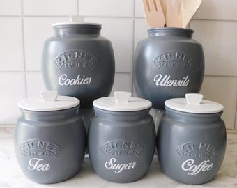 Slate Grey White Kitchen Canisters, Tea Coffee Sugar Jars