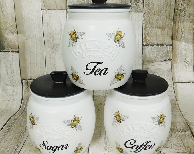 White Honey Bee Kitchen Canisters, Tea Coffee Sugar Jars, Sugar Pot