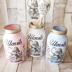 Alice In Wonderland Utensil Jar, Kilner Mason Storage Jar, Blue Pink or White, Wooden Utensils, Kitchen Accessories