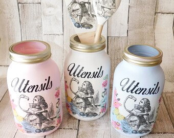 Alice In Wonderland Utensil Jar: Decoupage Kilner Mason Jar