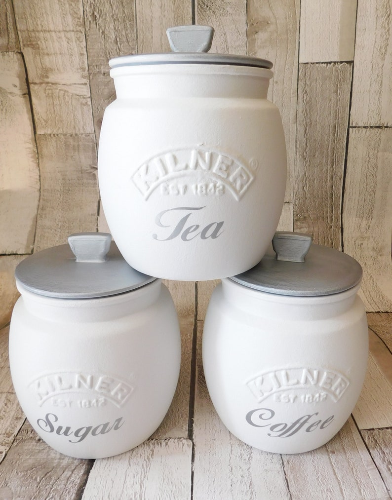 White Silver Kitchen Canisters Tea Coffee Sugar Jars Cookie Etsy