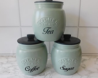 Botes de cocina negros y verde salvia, tarros para té, café y azúcar, tarro para galletas, barril para galletas, tarro para utensilios, tapas negras, tarro Kilner Retro