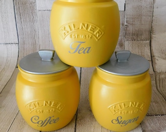 Tea Coffee Sugar Kitchen Canisters, Mustard and Silver Jars, Kilner Retro  Round Jars