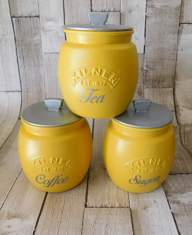 Yellow and Grey Tea Coffee Sugar Labelled Canisters