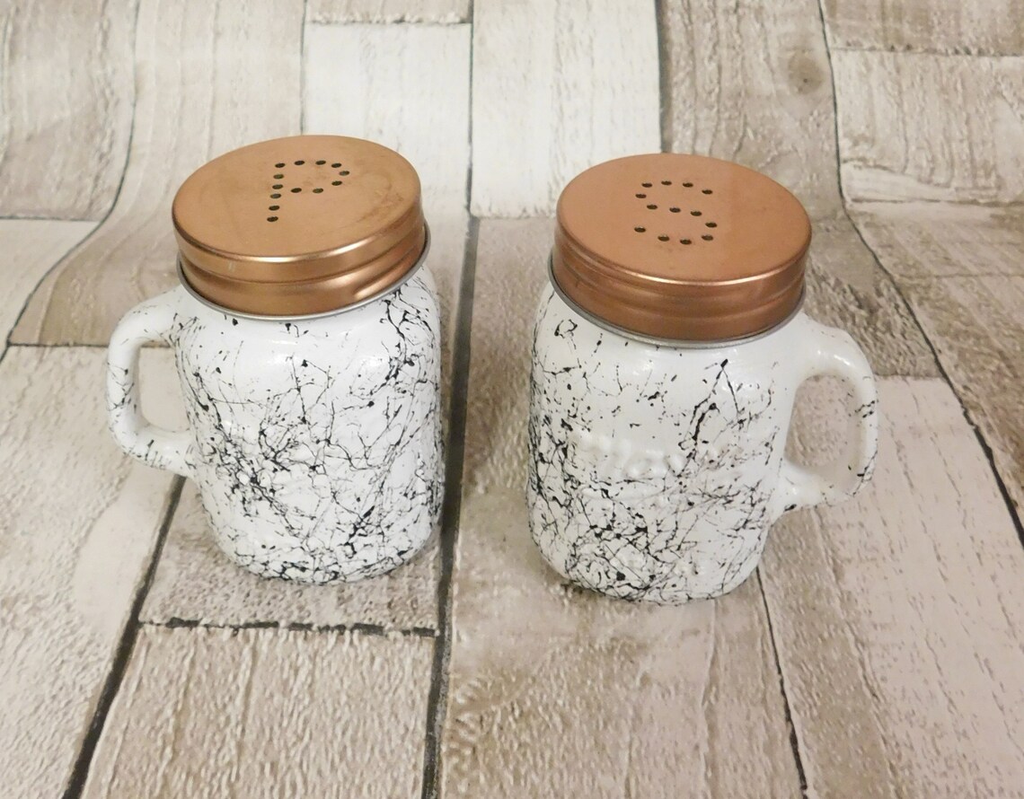 White Marble Salt & Pepper Shakers Mason Jar Condiment Set Etsy UK
