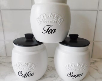 Botes de cocina blancos y negros, tarros para té, café y azúcar, tarro para galletas, barril para galletas, tarro para utensilios, tapas negras, tarro Kilner Retro