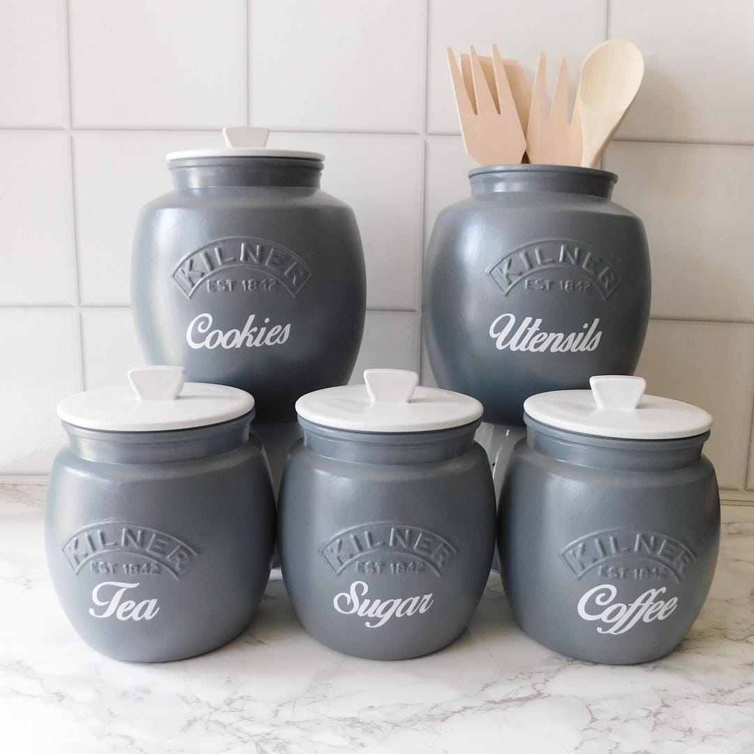 Slate Grey White Kitchen Canisters, Tea Coffee Sugar Jars