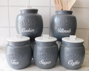 Slate Grey & White Kitchen Canisters, Tea Coffee Sugar Jars, Cookie Jar, Utensil Jar