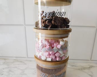 Estación de chocolate caliente, frascos apilables con tapas de bambú, almacenamiento de chocolate y malvaviscos, personalizado