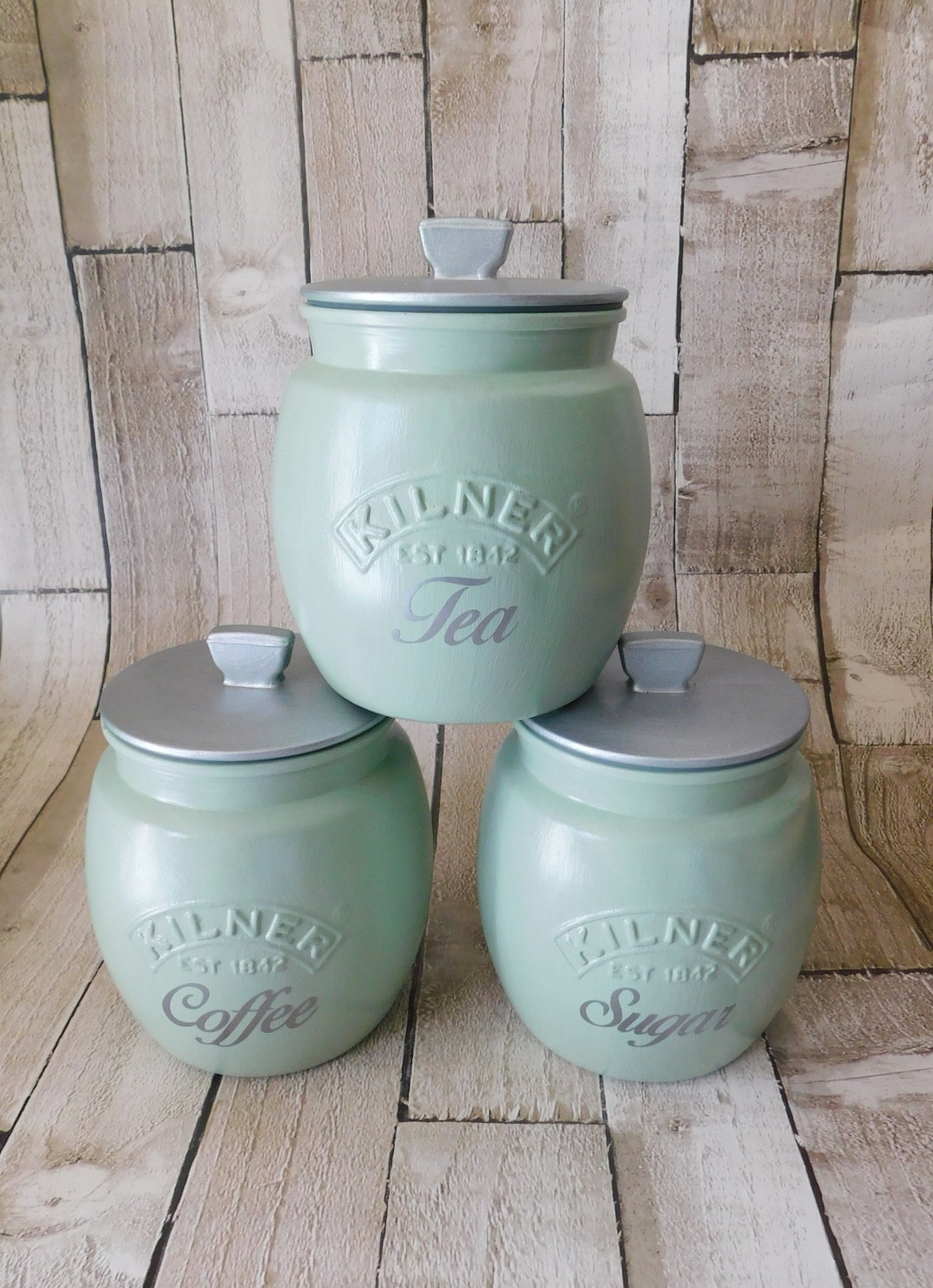 Sage Green Silver Kitchen Canisters, Tea Coffee Sugar Jars, Cookie Jar