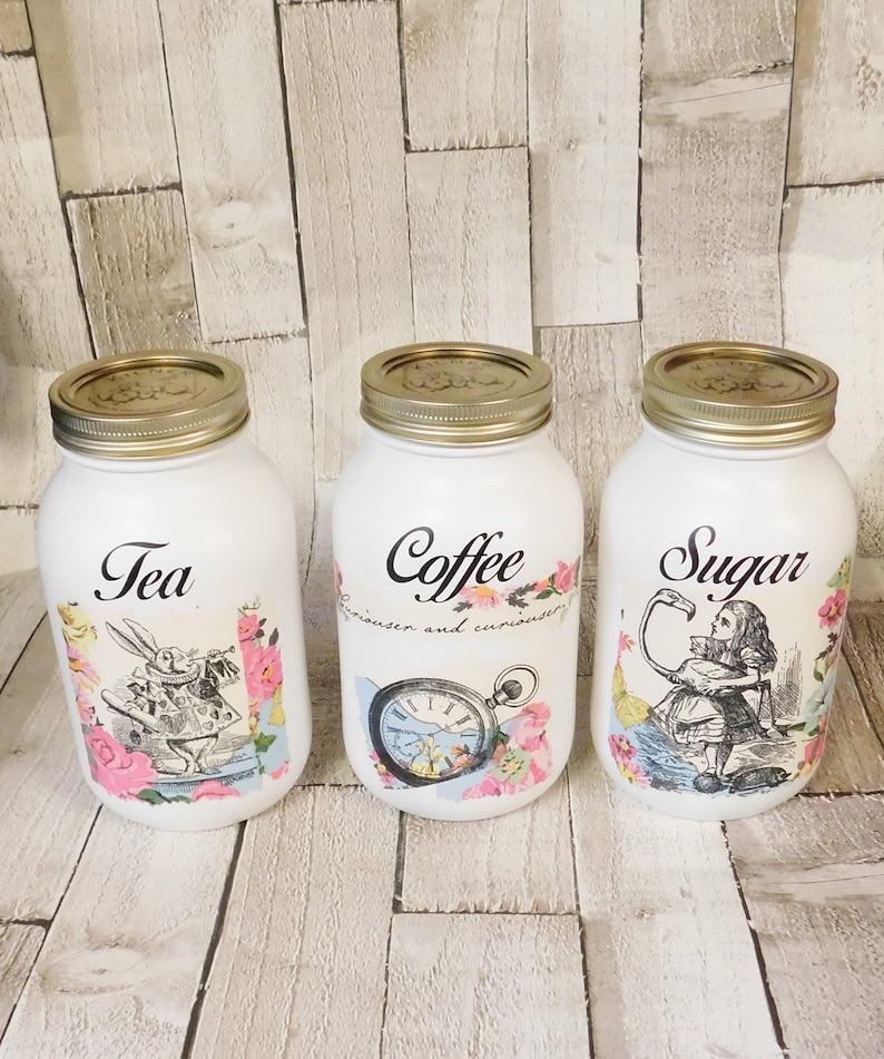 Alice In Wonderland Canisters ,Kilner  Mason White Glass Jars, Tea Coffee Sugar Jars, Sugar Pot, Coffee Pot, Tea Caddy, Alice, White Rabbit 