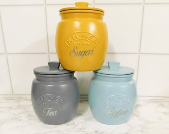 3 botes de cocina, tarros para té, café y azúcar, mostaza, gris pizarra y azul pato, tarro Kilner Retro