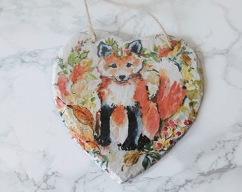 Autumn Fox Slate Heart Plaque: Decoupage Wall Art (15cm)