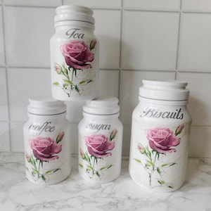 White Vintage Pink Rose Canisters ,Set of 3 Decorative White Glass Jars, Tea Coffee Sugar Jars, Shabby Chic, Vintage Jars, Decoupage Roses
