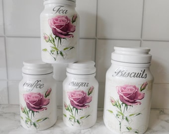 Juego de 3 tarros decorativos de cristal blanco estilo vintage con rosas rosas, ideales para té, café o azúcar. Estilo shabby chic.
