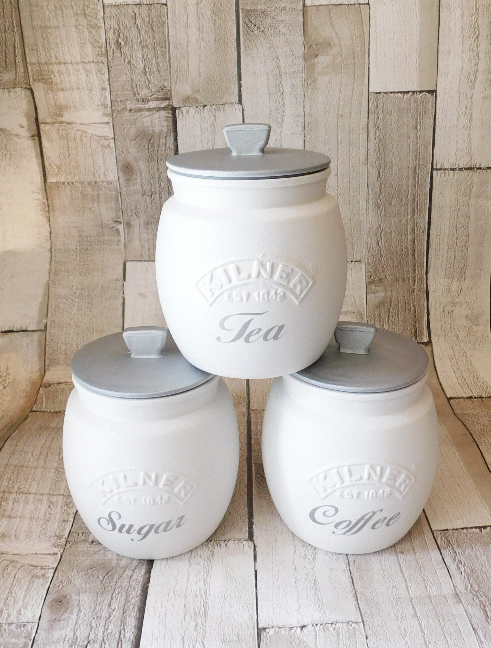 White Silver Kitchen Canisters Tea Coffee Sugar Jars Cookie Etsy