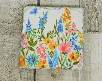 Posavasos de pizarra con diseño de prado de flores de verano: Juego de posavasos florales rústicos