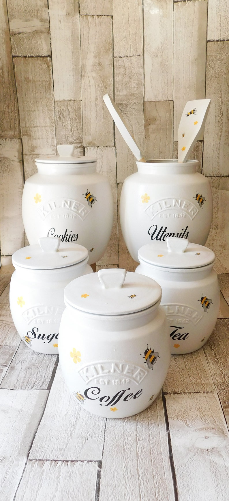 White Bumble Bee Kitchen Canisters, Tea Coffee Sugar Jars, Sugar Pot, Coffee Pot, Tea Caddy,  Cookie Jar, Utensil Jar, Kilner Retro Jar 