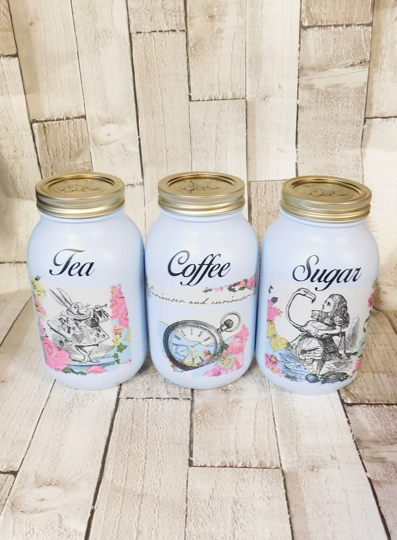 Alice In Wonderland Canisters ,Blue Kilner Jars, Kitchen Tea Coffee Sugar Jars, Sugar Pot, Coffee Pot, Tea Caddy , Alice, White Rabbit 