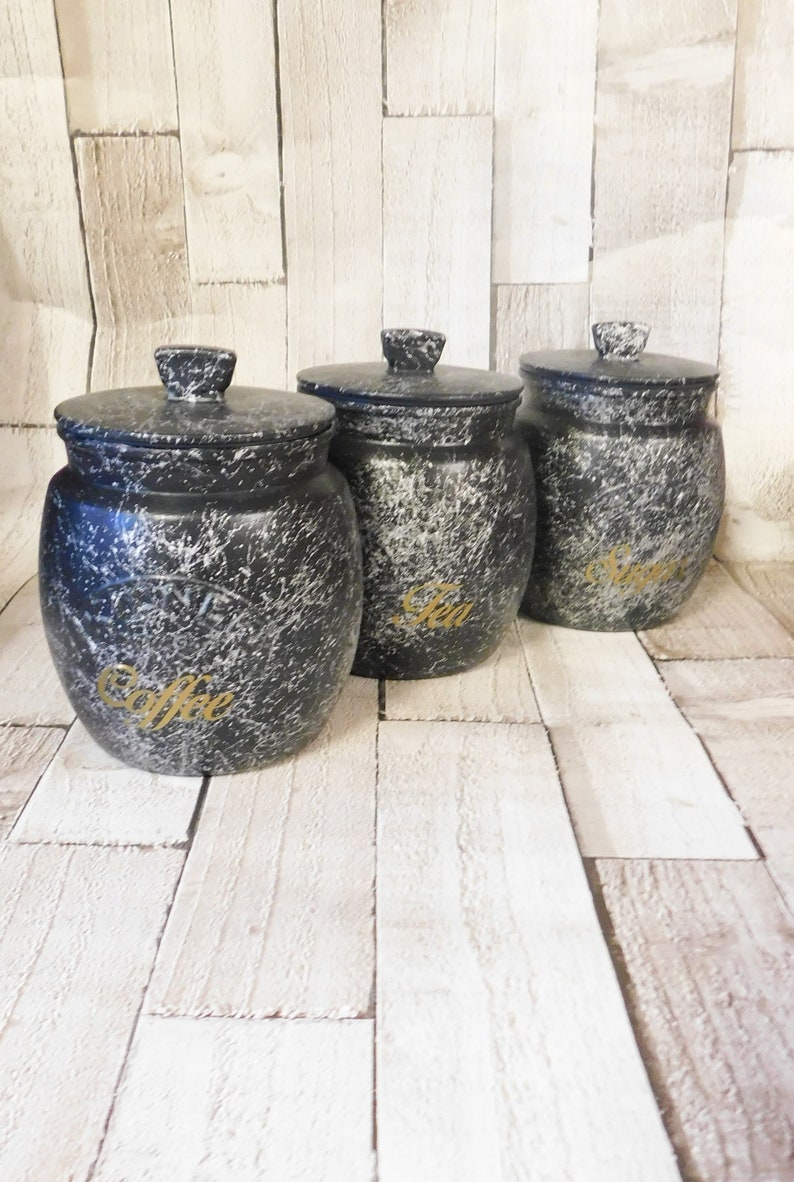 Black Marble Kitchen Canisters Tea Coffee Sugar Jars Sugar Etsy