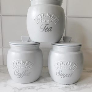 Light Grey Kitchen Canisters, Tea Coffee Sugar Jars, Kilner Retro Jar, Utensil Jar, Biscuit Barrel, Cookie jar