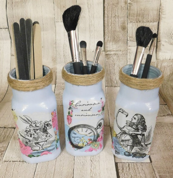 Alice in Wonderland Makeup Brush Holders, Set of 3 Glass Jars. Jar