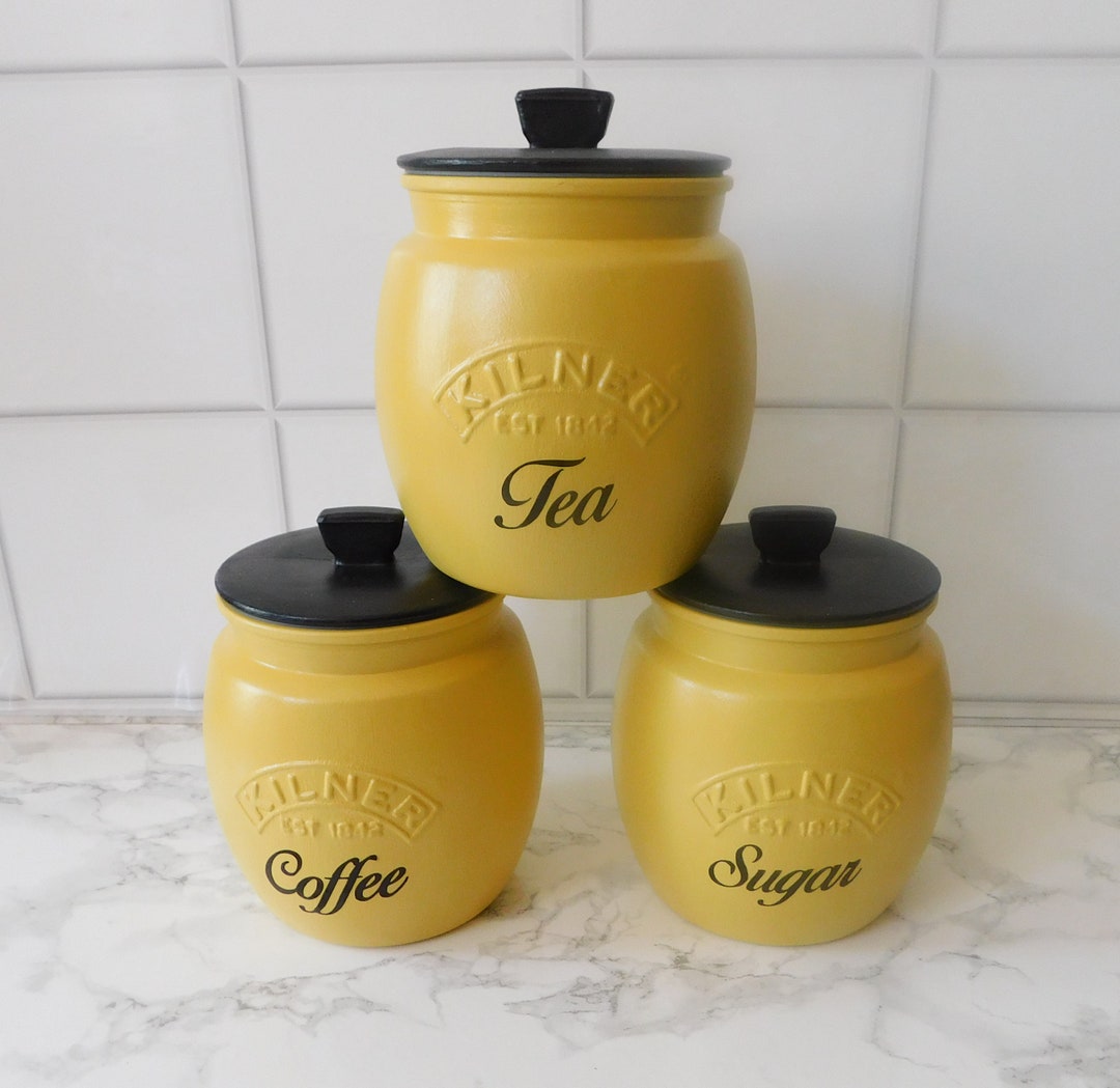 Mustard Black Kitchen Canisters Tea Coffee Sugar Jars Cookie Etsy UK