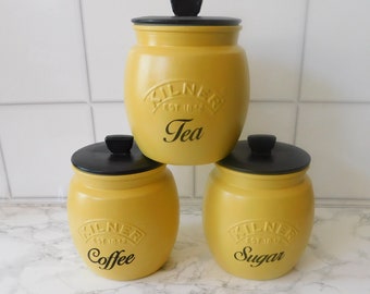 Mustard Black Kitchen Canisters, Tea Coffee Sugar Jars, Cookie Jar, Biscuit Barrel, Utensil Jar, Black Lids, Kilner Retro Jar