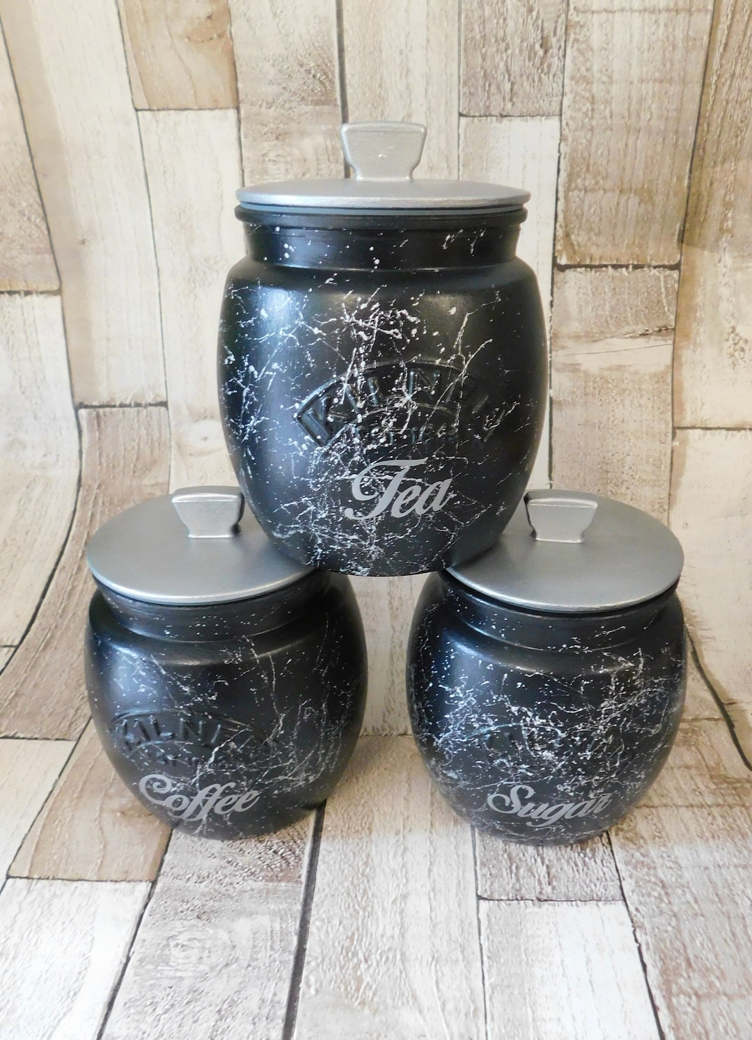 Buy Tea Coffee Sugar Kitchen Canisters, Black Silver Marble Effect, Kilner  Retro Round Jars Online in India