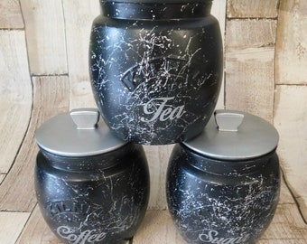 Botes de cocina para té, café y azúcar, efecto mármol negro y plateado, tarros redondos retro de Kilner