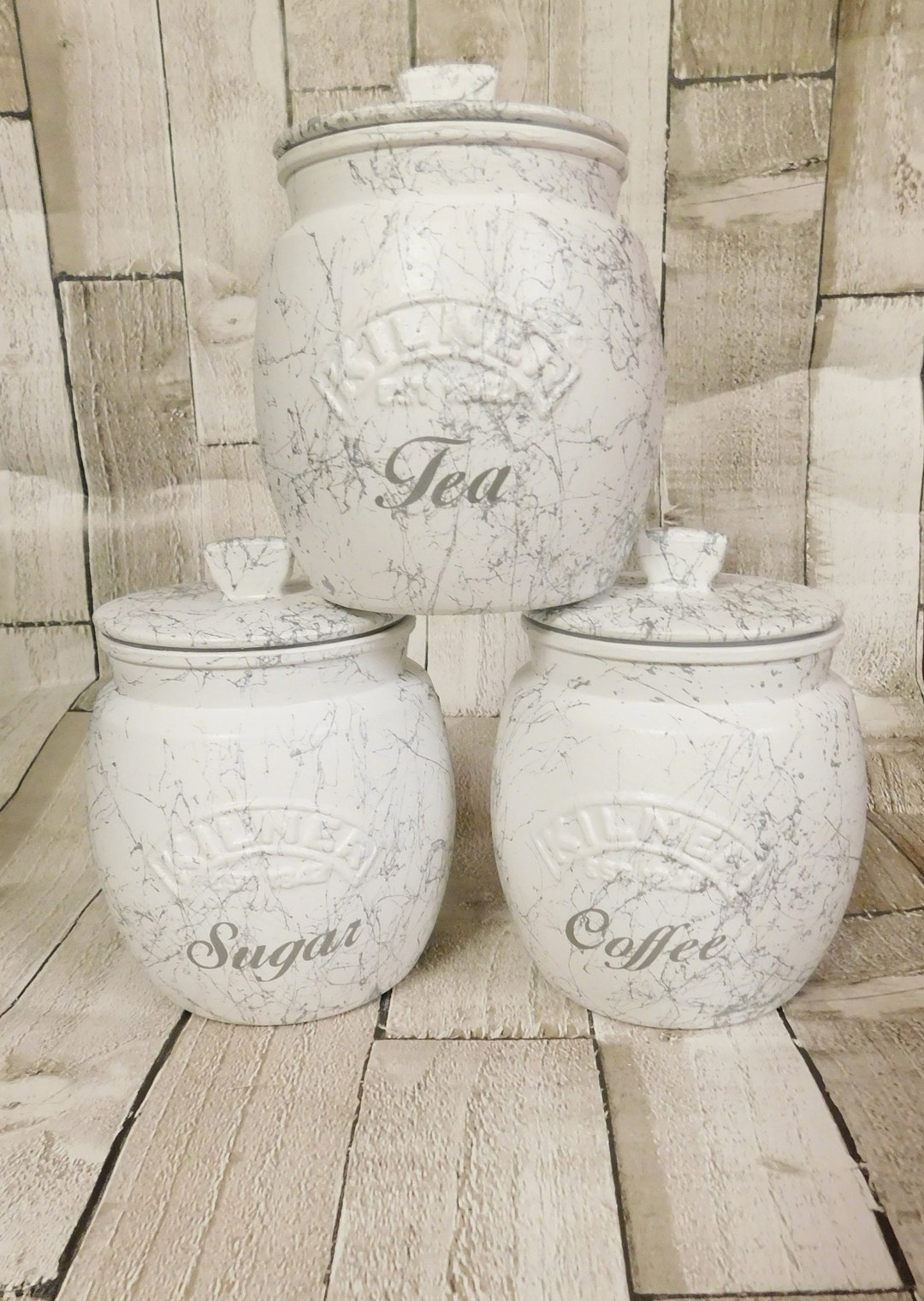 White Marble Kitchen Canisters, Tea Coffee Sugar Jars, Sugar Pot